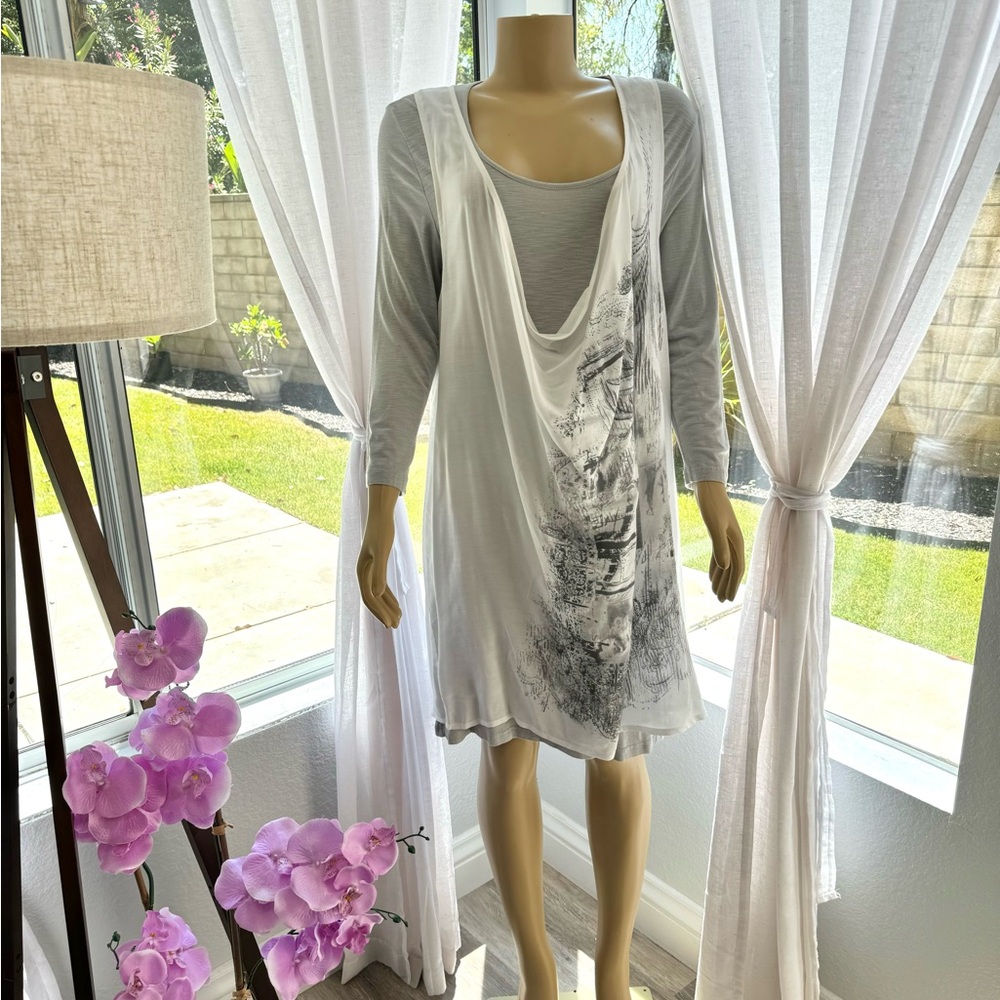 Mado et les Autres Grey White Tunic Shift Dress Long Sleeve Size 4